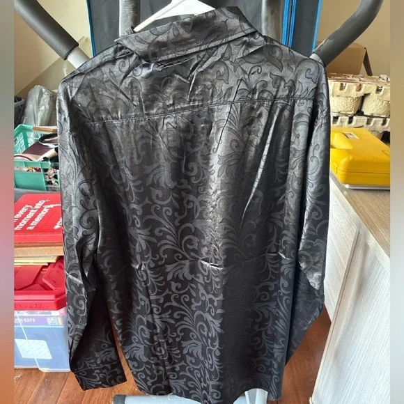ZEROYAA Men’s Black Satin Paisley Dress Shirt – Size M - Picture 2 of 5